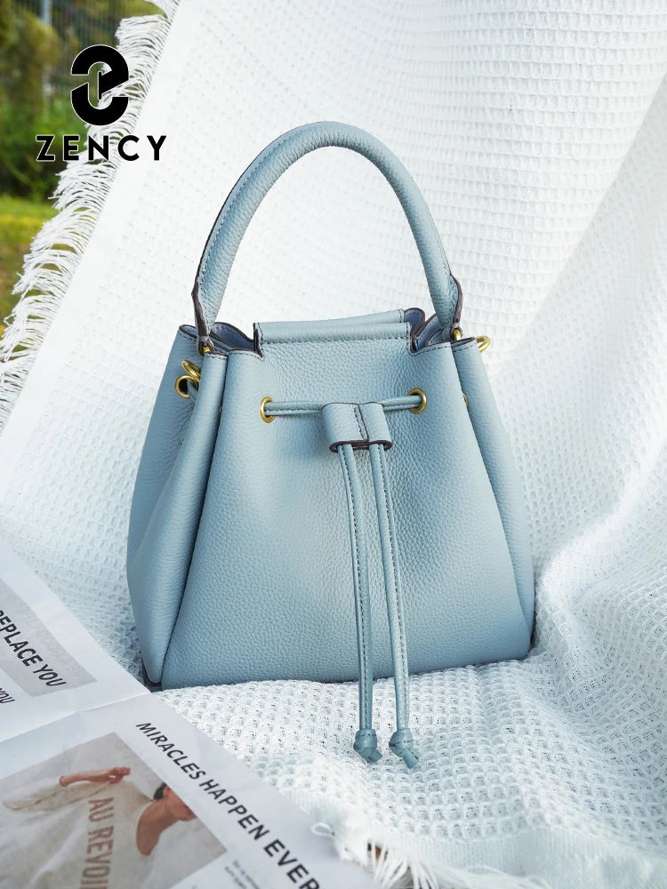 Zency Women's Genuine Leather Top-Handle Bag Simple Fashion Bucket Bags Luxury Brand Shoulder Handbag Small Crossbody for Female