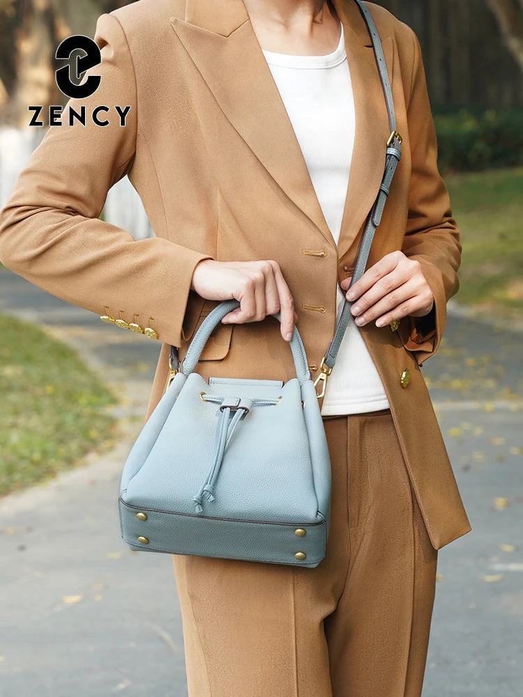 Zency Women's Genuine Leather Top-Handle Bag Simple Fashion Bucket Bags Luxury Brand Shoulder Handbag Small Crossbody for Female