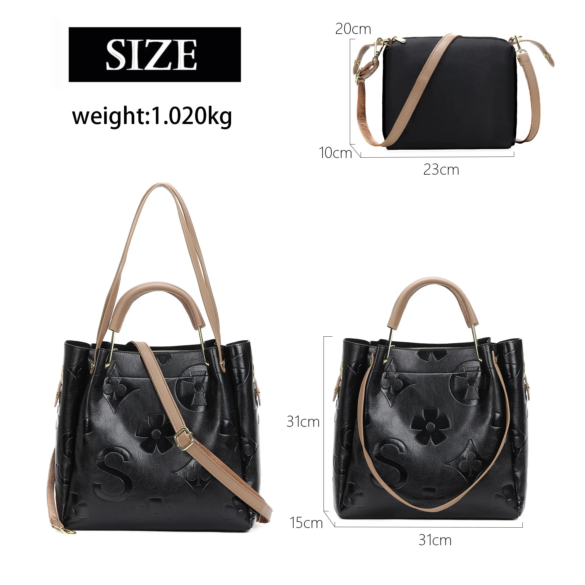 Top Handle Handbag Set Large Shoulder Bag Vegan Leather Ladies Bucket Hobo Tote with Floral Embroidery for Everyday Use